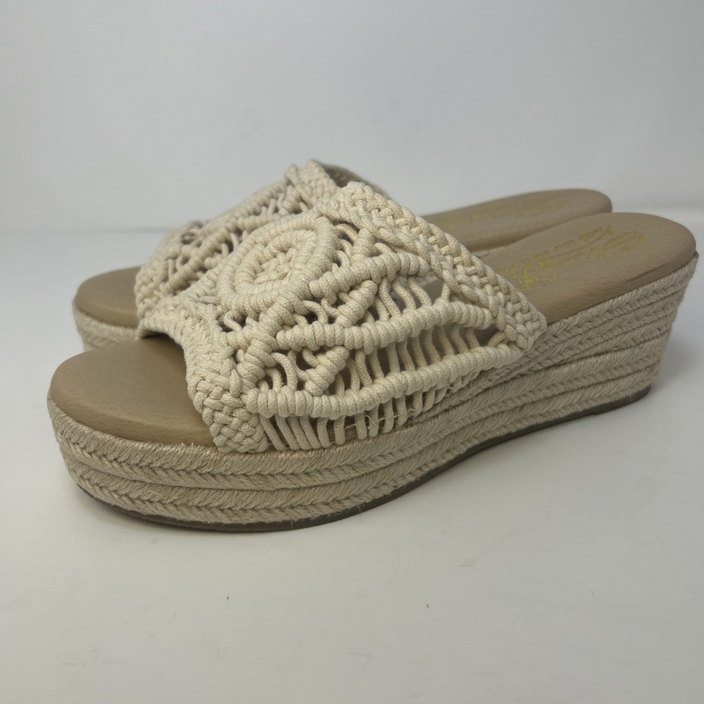 Sbicca Eureka‎ Macrame Wedge Sandals Beige Natural Boho Espadrille Slide Size 9